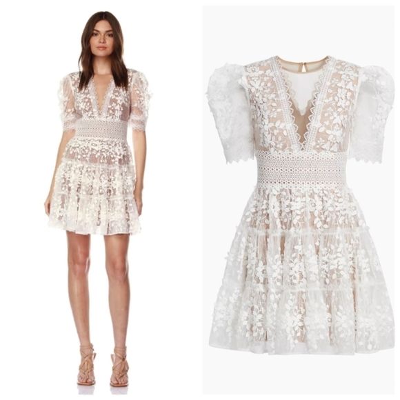 New Bronx and Banco Megan Long-Sleeve Lace V-Neck Tiered Mini Dress 4 US/Small - Picture 3 of 14